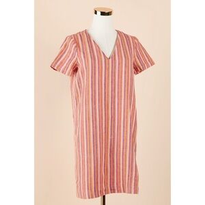 Sz XS Madewell Button-Back Easy Dress In Rainbow Vertical Stripe Linen GUC